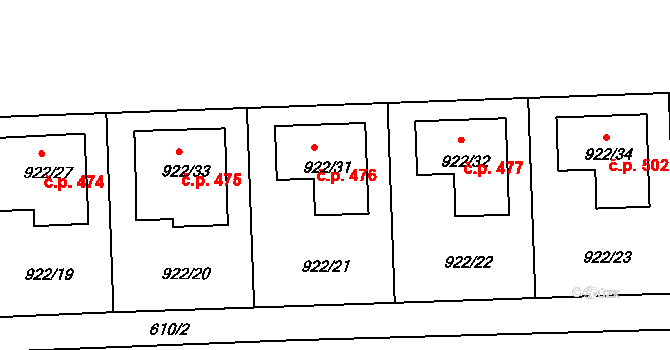 Písnice 476, Praha na parcele st. 922/31 v KÚ Písnice, Katastrální mapa