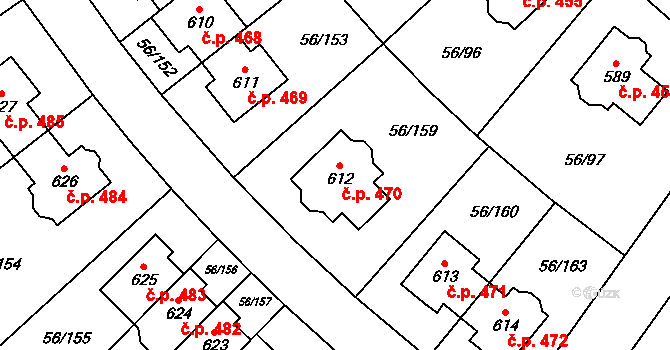 Hovorčovice 470 na parcele st. 612 v KÚ Hovorčovice, Katastrální mapa