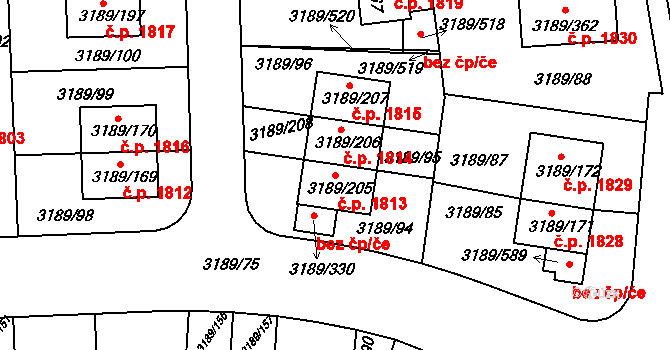 Roztoky 1813 na parcele st. 3189/205 v KÚ Žalov, Katastrální mapa