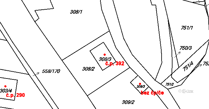 Chotíkov 392 na parcele st. 308/3 v KÚ Chotíkov, Katastrální mapa