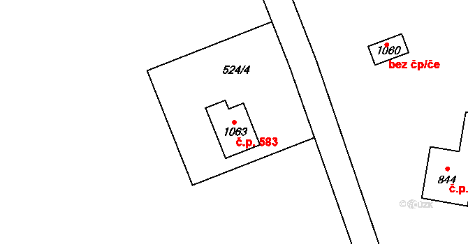 Borohrádek 583 na parcele st. 1063 v KÚ Borohrádek, Katastrální mapa