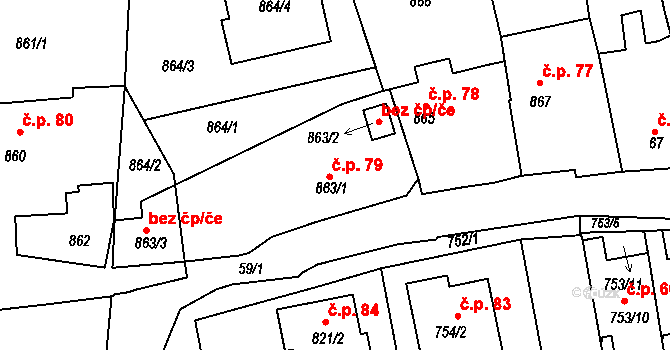 Bystřice nad Pernštejnem 79 na parcele st. 863/1 v KÚ Bystřice nad Pernštejnem, Katastrální mapa