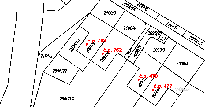 Bystřice nad Pernštejnem 762 na parcele st. 2091/4 v KÚ Bystřice nad Pernštejnem, Katastrální mapa