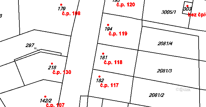 Kozlany 118 na parcele st. 181 v KÚ Kozlany u Vyškova, Katastrální mapa