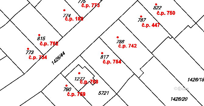 Ostrožské Předměstí 754, Uherský Ostroh na parcele st. 817 v KÚ Ostrožské Předměstí, Katastrální mapa