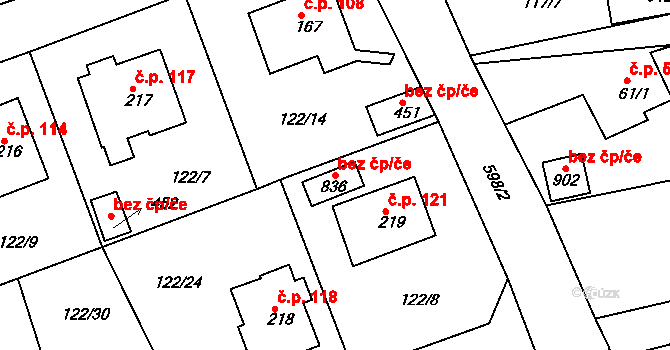 Cheb 49580698 na parcele st. 836 v KÚ Podhrad, Katastrální mapa