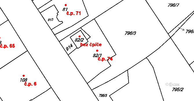 Brnířov 74 na parcele st. 82/1 v KÚ Brnířov, Katastrální mapa