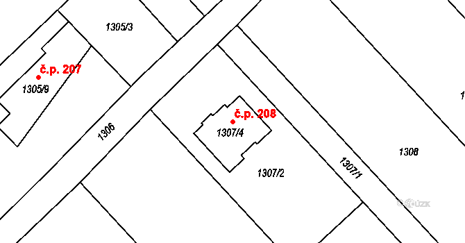 Olbramice 208 na parcele st. 1307/4 v KÚ Olbramice, Katastrální mapa