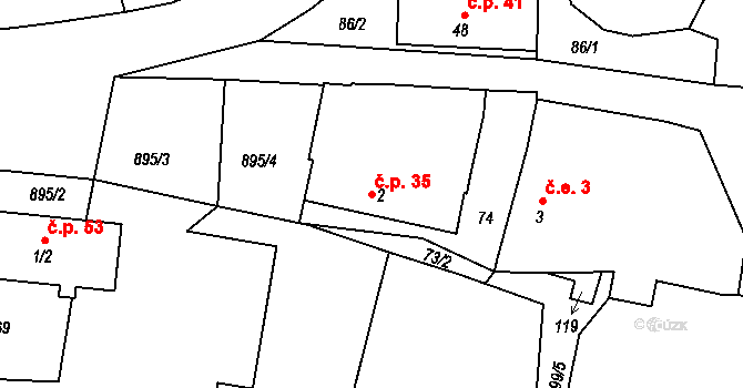 Vadín 35, Okrouhlice na parcele st. 2 v KÚ Vadín, Katastrální mapa