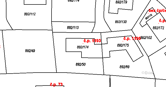 Srubec 1193 na parcele st. 892/174 v KÚ Srubec, Katastrální mapa