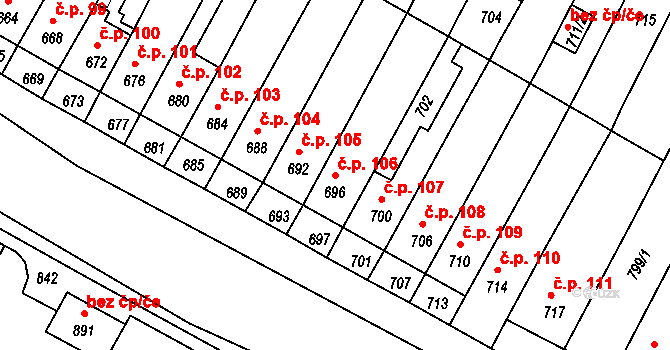 Rychlov 106, Bystřice pod Hostýnem na parcele st. 696 v KÚ Rychlov u Bystřice pod Hostýnem, Katastrální mapa