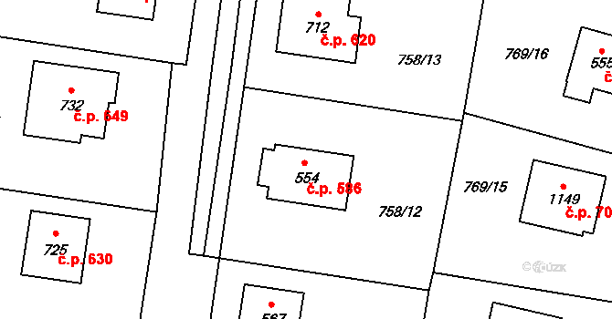 Lišov 586 na parcele st. 554 v KÚ Lišov, Katastrální mapa