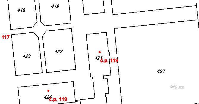 Dolní Líštná 119, Třinec na parcele st. 421 v KÚ Dolní Líštná, Katastrální mapa