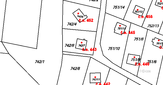 Nebovidy 443 na parcele st. 742/7 v KÚ Nebovidy u Brna, Katastrální mapa