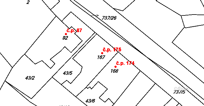 Stěžery 175 na parcele st. 167 v KÚ Stěžery, Katastrální mapa