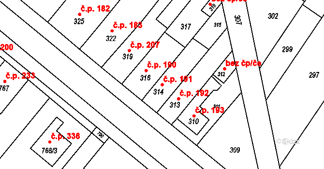 Křelov 191, Křelov-Břuchotín na parcele st. 314 v KÚ Křelov, Katastrální mapa