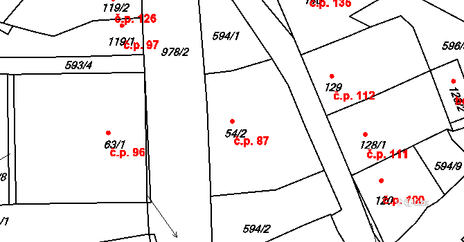 Milín 87 na parcele st. 54/2 v KÚ Milín, Katastrální mapa