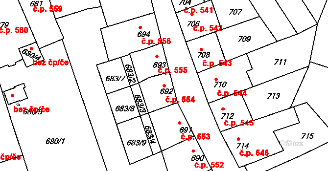 Roudnice nad Labem 554 na parcele st. 692 v KÚ Roudnice nad Labem, Katastrální mapa