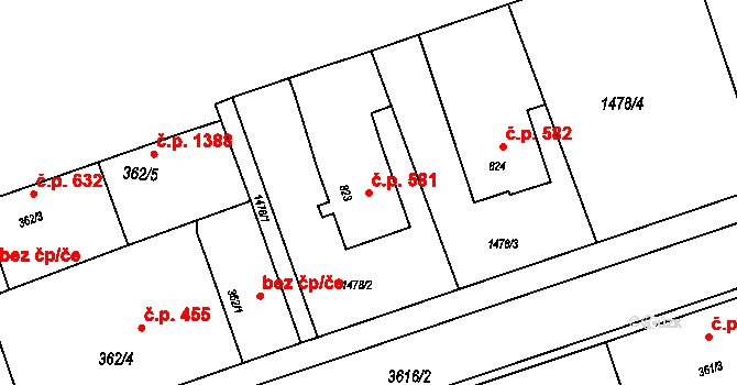 Rožnov pod Radhoštěm 581 na parcele st. 823 v KÚ Rožnov pod Radhoštěm, Katastrální mapa