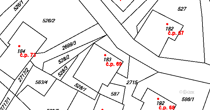 Korouhev 69 na parcele st. 183 v KÚ Korouhev, Katastrální mapa