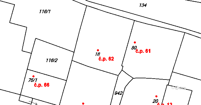 Buzice 62 na parcele st. 18 v KÚ Buzice, Katastrální mapa