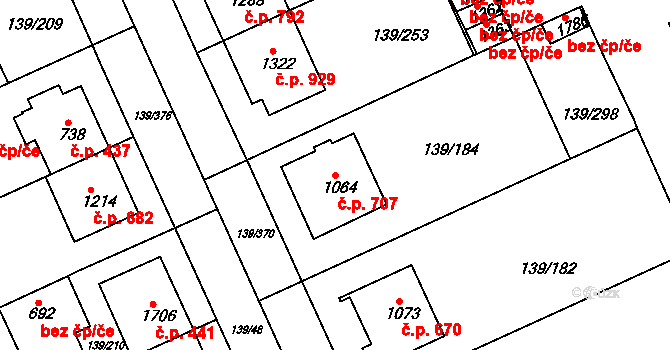 Podklášteří 707, Třebíč na parcele st. 1064 v KÚ Podklášteří, Katastrální mapa