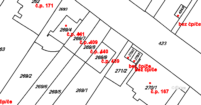 Pisárky 439, Brno na parcele st. 269/9 v KÚ Pisárky, Katastrální mapa