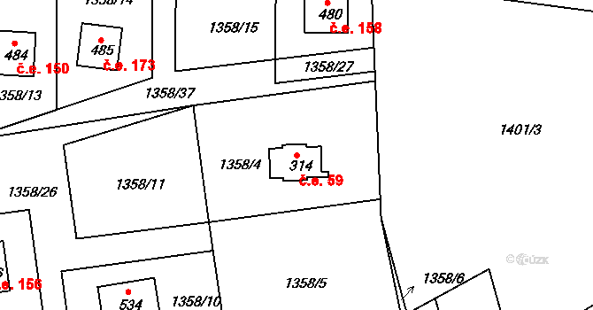 Lubno 59, Frýdlant nad Ostravicí na parcele st. 314 v KÚ Lubno, Katastrální mapa