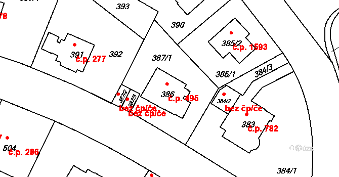 Braník 495, Praha na parcele st. 386 v KÚ Braník, Katastrální mapa