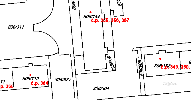 Malešice 355,356,357, Praha na parcele st. 806/144 v KÚ Malešice, Katastrální mapa