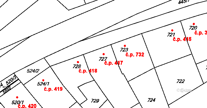 Mikulčice 417 na parcele st. 727 v KÚ Mikulčice, Katastrální mapa