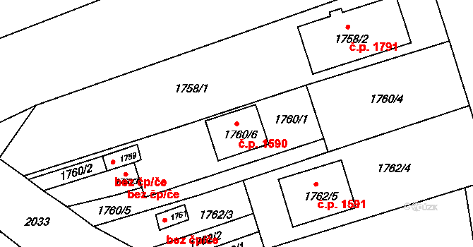 Jirkov 1590 na parcele st. 1760/6 v KÚ Jirkov, Katastrální mapa