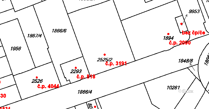 Hodonín 3191 na parcele st. 2525/2 v KÚ Hodonín, Katastrální mapa