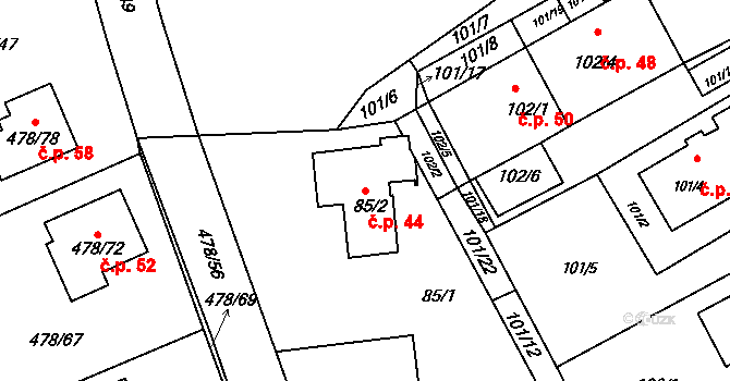 Pístov 44, Jihlava na parcele st. 85/2 v KÚ Pístov u Jihlavy, Katastrální mapa