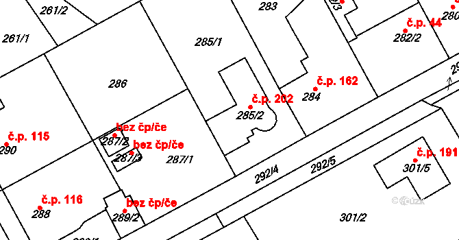 Ostrovačice 202 na parcele st. 285/2 v KÚ Ostrovačice, Katastrální mapa