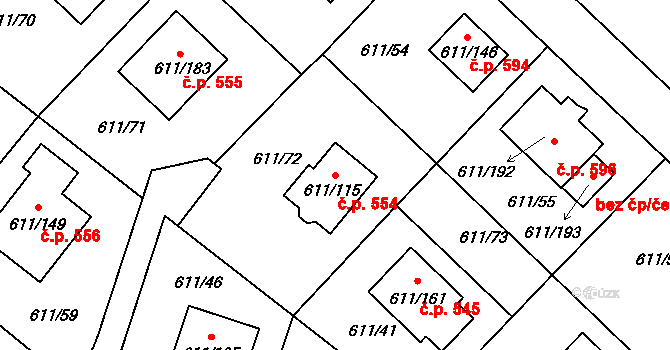Srubec 554 na parcele st. 611/115 v KÚ Srubec, Katastrální mapa