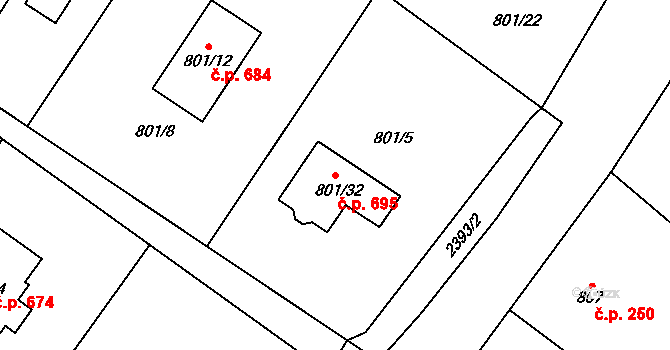 Fryčovice 695 na parcele st. 801/32 v KÚ Fryčovice, Katastrální mapa