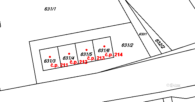 Kovalovice 214 na parcele st. 631/6 v KÚ Kovalovice, Katastrální mapa