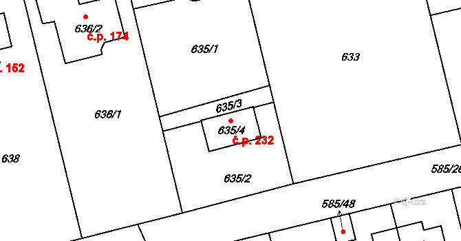Točná 232, Praha na parcele st. 635/4 v KÚ Točná, Katastrální mapa