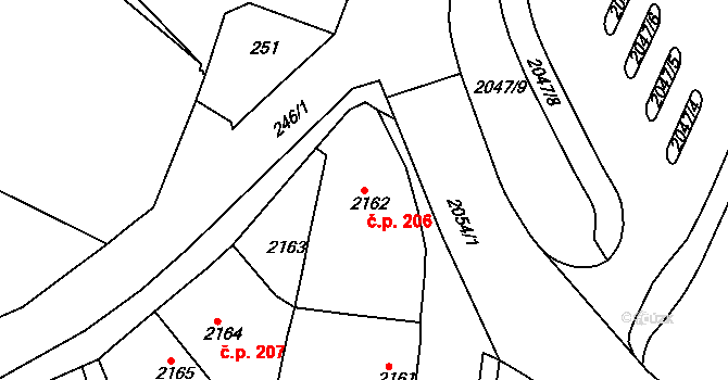 Jemnice 206 na parcele st. 2162 v KÚ Jemnice, Katastrální mapa