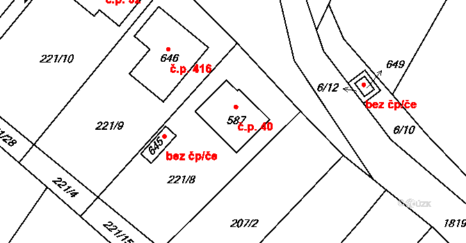 Dobronín 40 na parcele st. 587 v KÚ Dobronín, Katastrální mapa