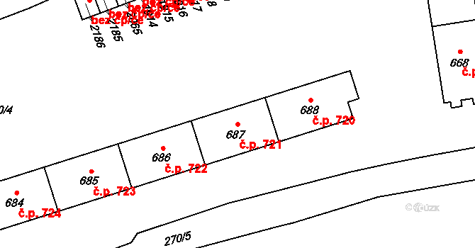 Hrabůvka 721, Ostrava na parcele st. 687 v KÚ Hrabůvka, Katastrální mapa