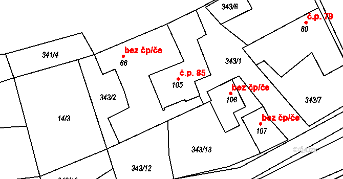 Rudolec 85 na parcele st. 105 v KÚ Rudolec, Katastrální mapa