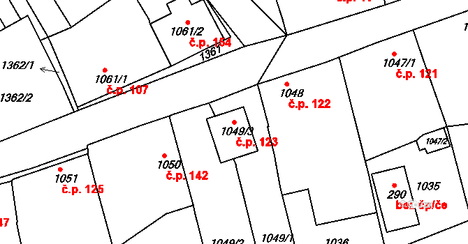 Racková 123 na parcele st. 1049/3 v KÚ Racková, Katastrální mapa