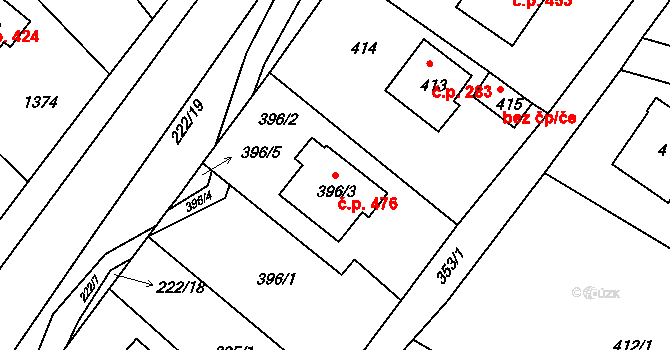 Štípa 476, Zlín na parcele st. 396/3 v KÚ Štípa, Katastrální mapa