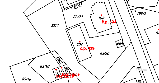 Mnětice 139, Pardubice na parcele st. 104 v KÚ Mnětice, Katastrální mapa