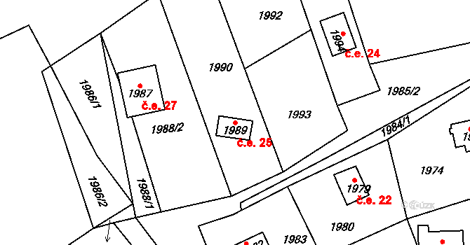 Buchlovice 25 na parcele st. 1989 v KÚ Buchlovice, Katastrální mapa