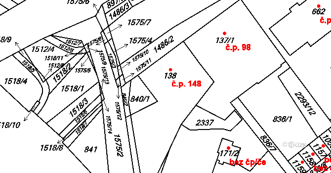 Hanušovice 148 na parcele st. 138 v KÚ Hanušovice, Katastrální mapa