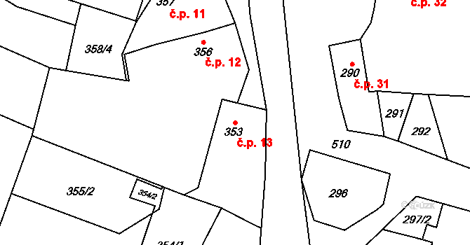 Luženice 13, Luženičky na parcele st. 353 v KÚ Luženice, Katastrální mapa