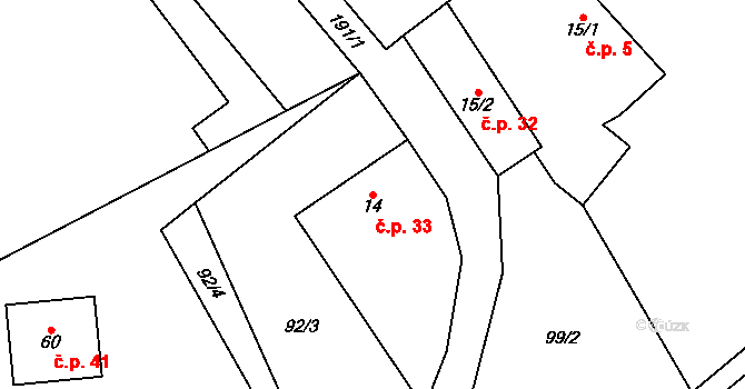 Vřesice 33, Sulíkov na parcele st. 14 v KÚ Vřesice, Katastrální mapa
